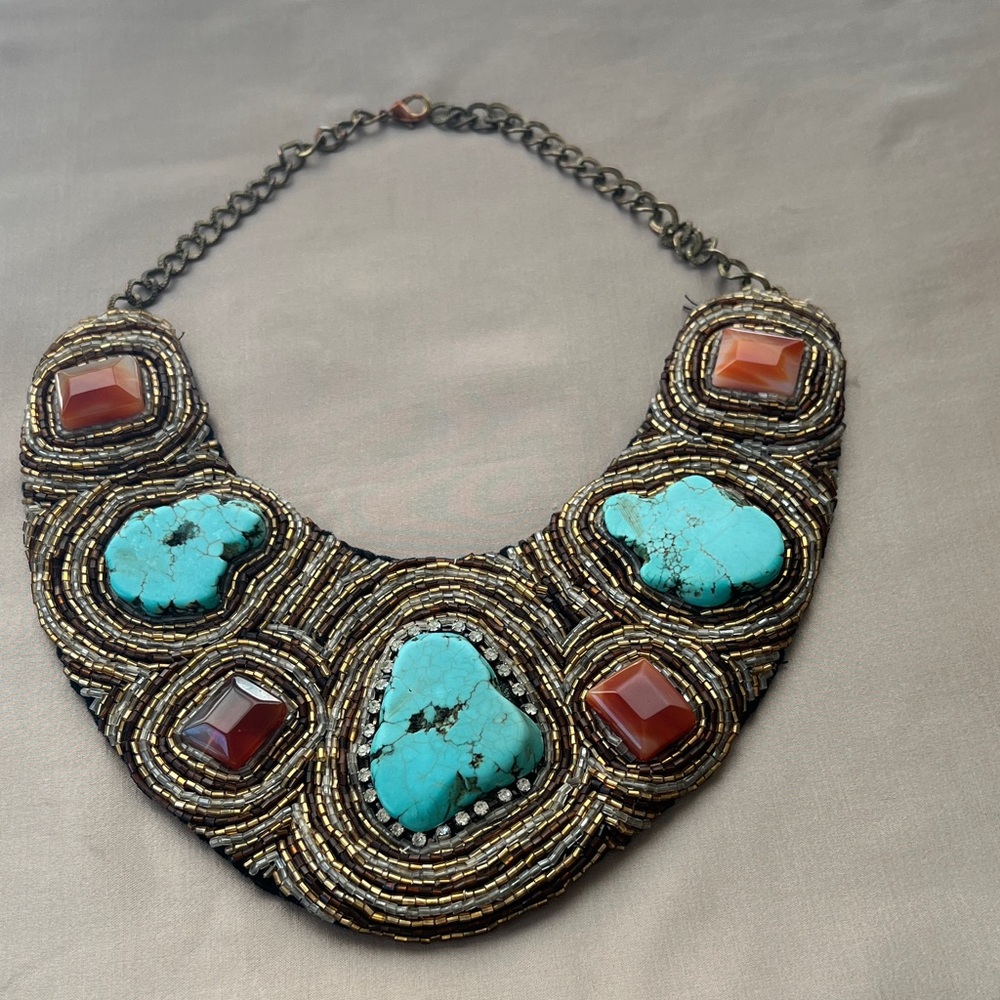 Vintage Artisan Turquoise and Brown Stones Beaded Statement Necklace